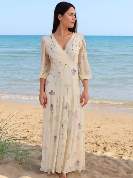 VESTIDO LONGO TRANSPASSADO MANGA 3/4